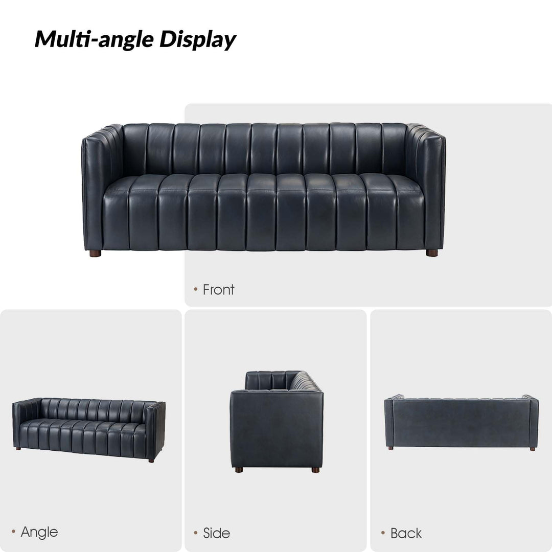 HULALA HOME 83" Genuine Leather Sofa, Sofa Leather for Living Room, 3 Seater Sofa Couch Top Layer Leather Large Sofa Furniture with Channel Tufted Seat Back & Square Arms (Black) 