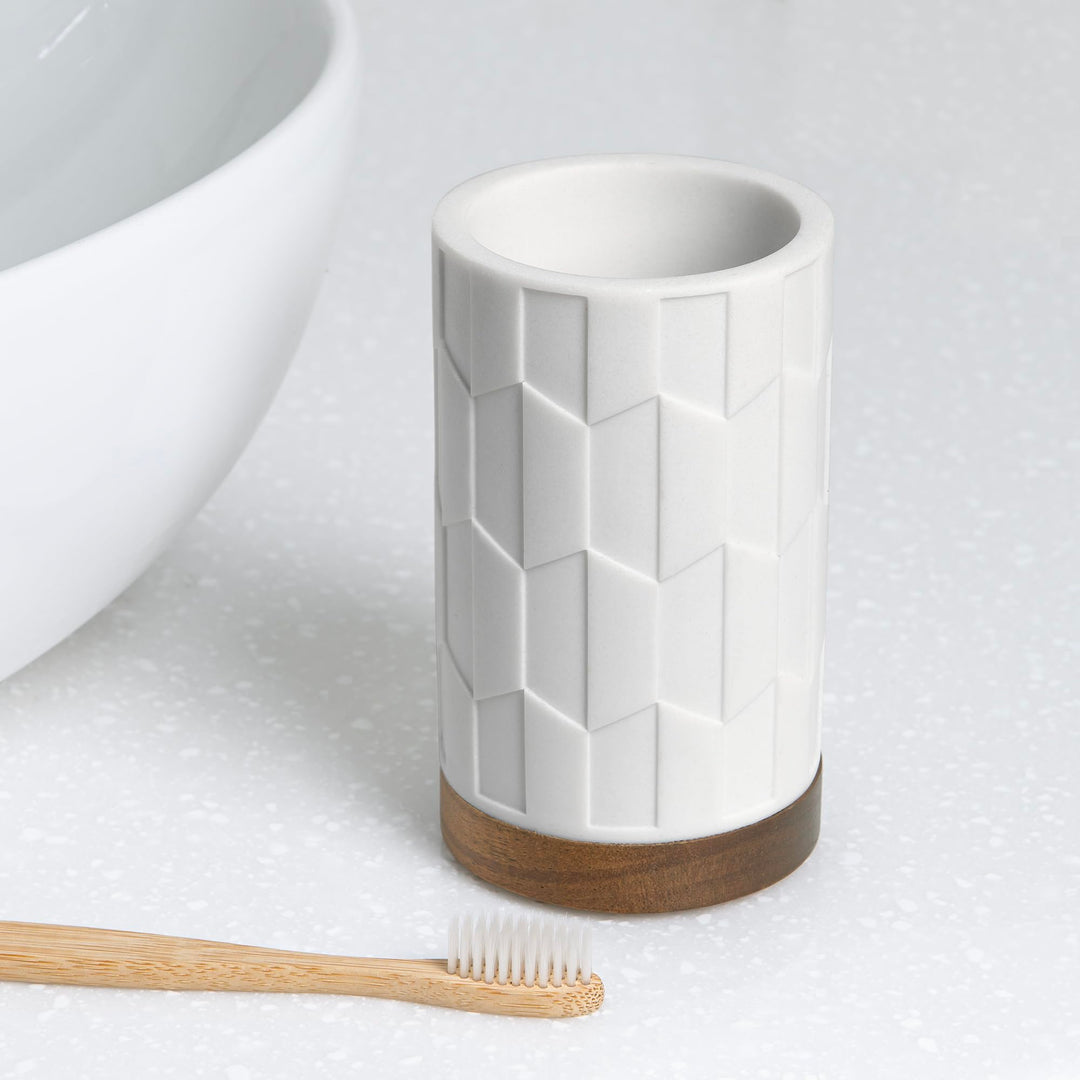 Sarasota Resin with Wood Accents 4-Piece Bathroom Accessory Set-Soap/Lotion Dispenser, Soap Dish, Toothbrush Holder, Tumbler Cup by Allure Home Creation, White Allure Home Creation