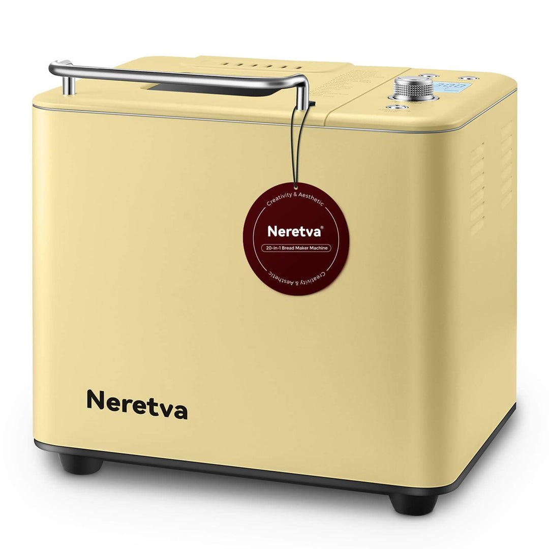 Neretva 20-IN-1 Bread Maker in yellow with dual heater and all metal design, perfect for baking various styles of bread.