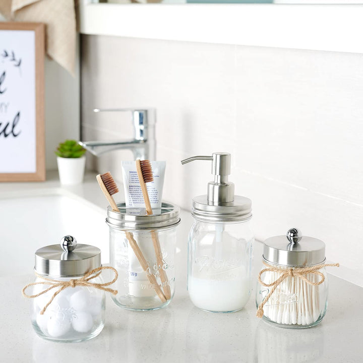 Amolliar Mason Jar Bathroom Accessories Set(4 Pcs) -Lotion Soap Dispenser & 2 Qtip Holder & Toothbrush Holder-Rustic Farmhouse Decor,Countertop Vanity Organize，Bathroom Home Decor (Brushed Nickel) Amolliar