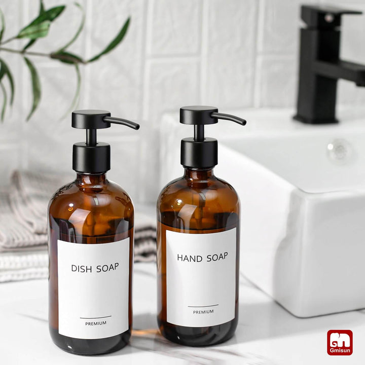 GMISUN Amber Glass Soap Dispenser, 2 Pack Bathroom Hand Soap Dispenser with Stainless Steel Flat Pump, 16Oz Kitchen Hand and Dish Soap Dispenser Set, Modern Vintage Liquid Brown Soap Dispensers Bottle GM GMISUN