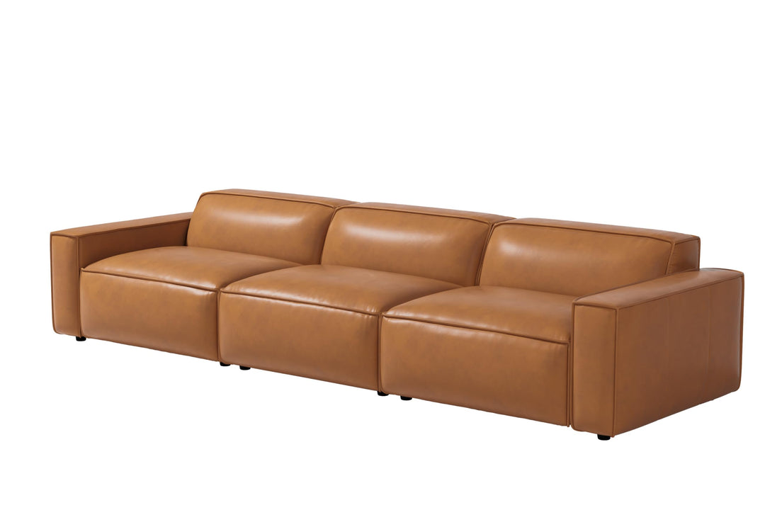 Valencia Nathan Napa Leather Couch - Three Seats Sofa - 100% Full Aniline Leather Modern Sofa for Lounge and Living Room Solid Wood Frame and High-Resilience Foam Couch (Caramel Brown) 