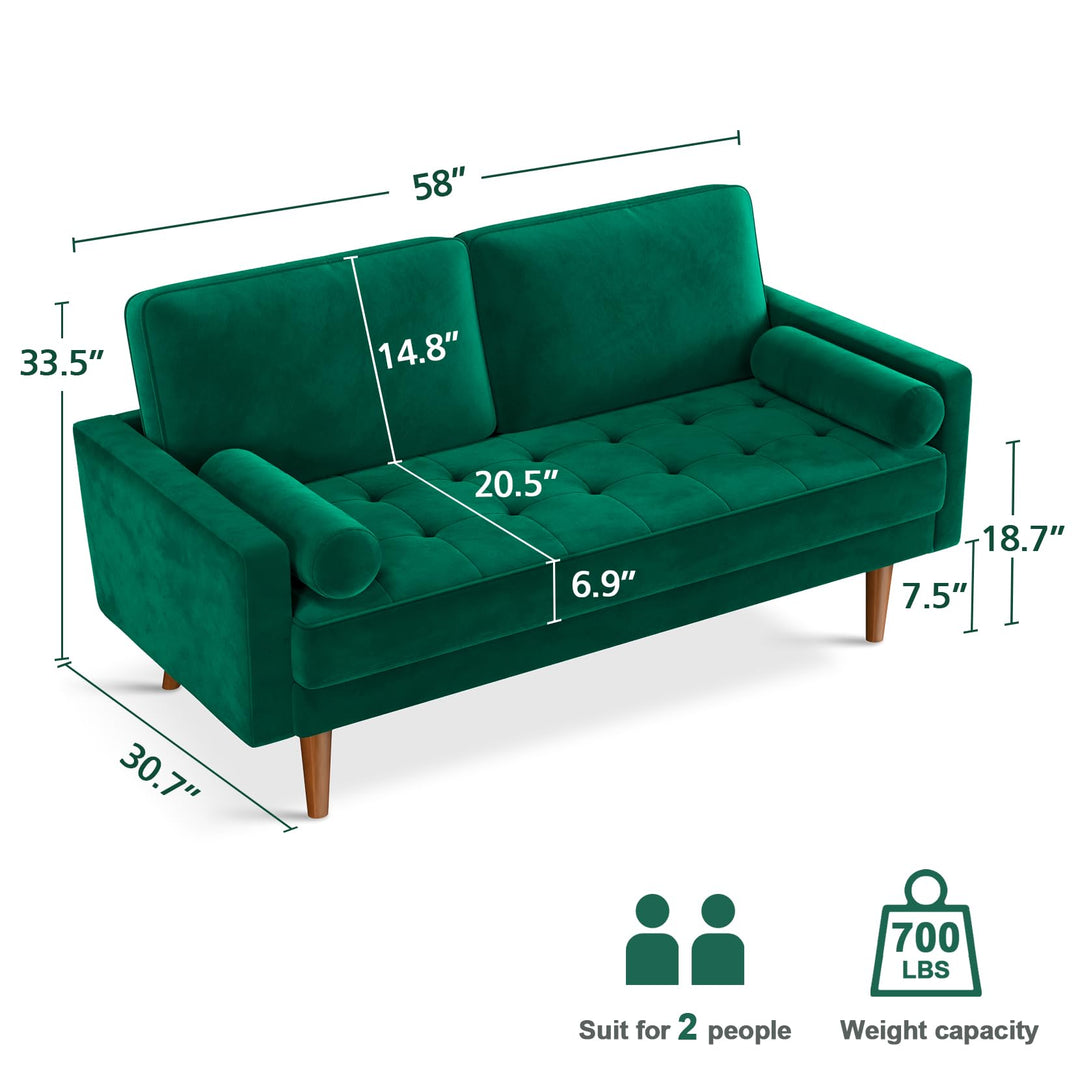 Vesgantti Loveseat Sofa, 58" Green Velvet Couch Small Couch Love Seat Sofa with Tufted Seat, Mid Century Modern Couch for Living Room, Bedroom, Office, Apartment (58 Inch, Green) 