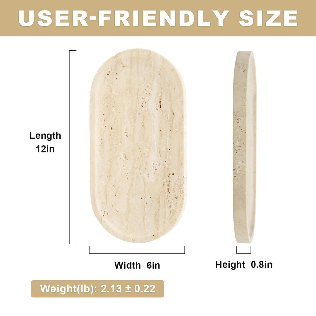 Dimension diagram of the travertine tray: 12 inches long, 6 inches wide and 0.8 inch high