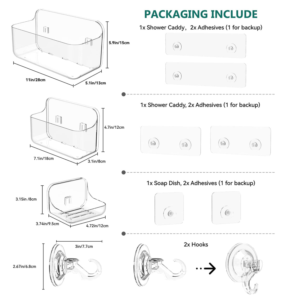 JNDETOP Shower Shelves, 5 Pack Adhesive Clear Acrylic Bathroom Shower Organizer Caddy, Transparent No Drilling Wall Mount Shower Storage with Soap Holder and Hooks JNDETOP