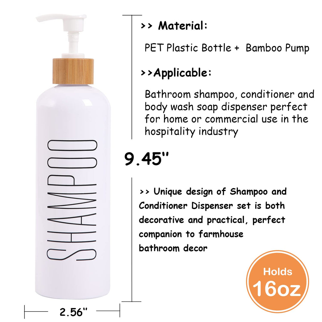 HOMCDALY Shampoo and Conditioner Dispenser, 16oz 3-Pack Refillable Shampoo and Conditioner Bottles, Empty Shampoo Bottles Refillable with Bamboo Pump, Bathroom Shower Shampoo Dispenser Set HOMCDALY