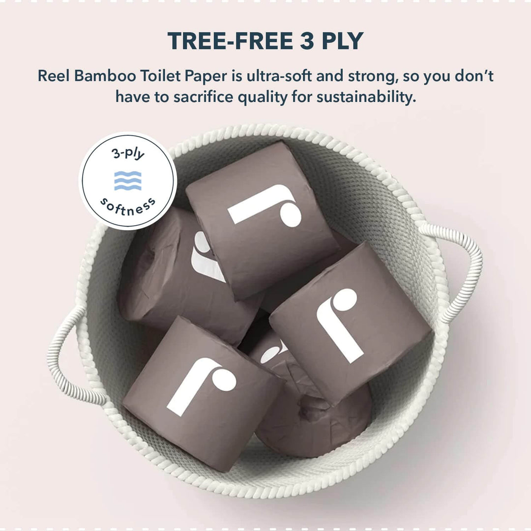 Reel Premium Toilet Paper - 24 Rolls of Toilet Paper - 3-Ply Made From Tree-Free - Zero Plastic Packaging, Septic Safe