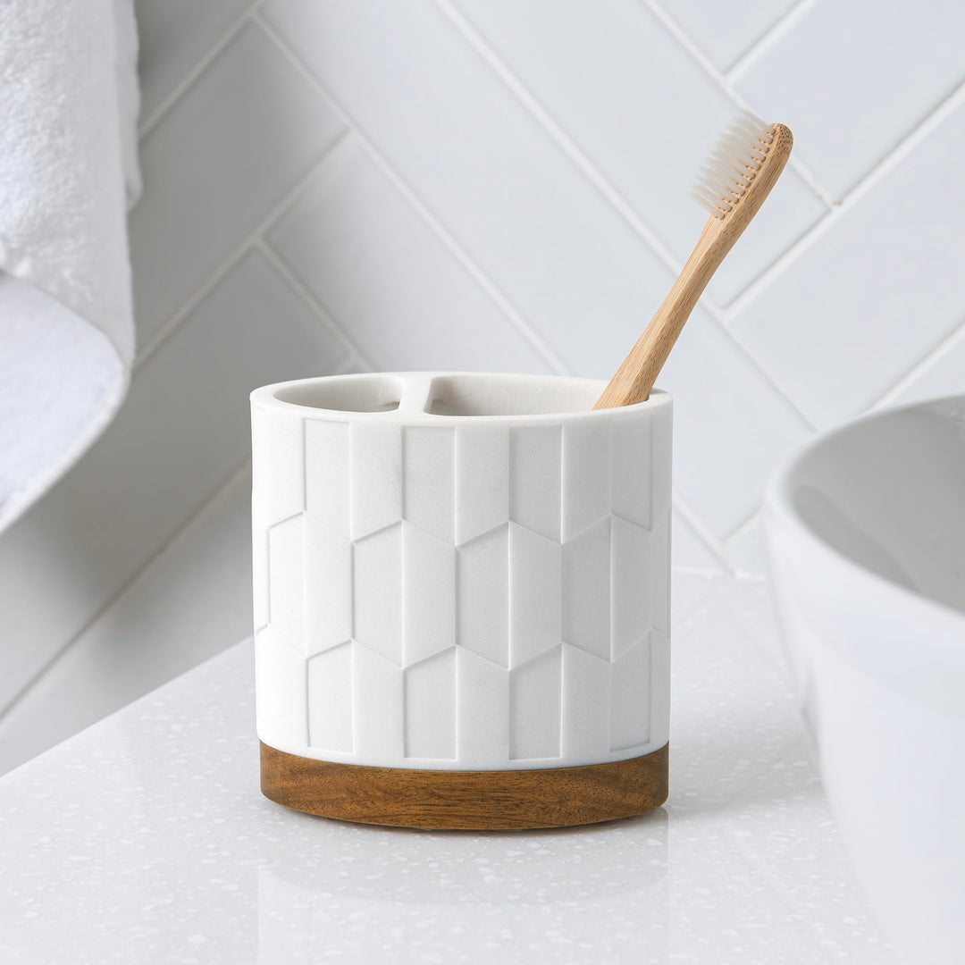 Sarasota Resin with Wood Accents 4-Piece Bathroom Accessory Set-Soap/Lotion Dispenser, Soap Dish, Toothbrush Holder, Tumbler Cup by Allure Home Creation, White Allure Home Creation