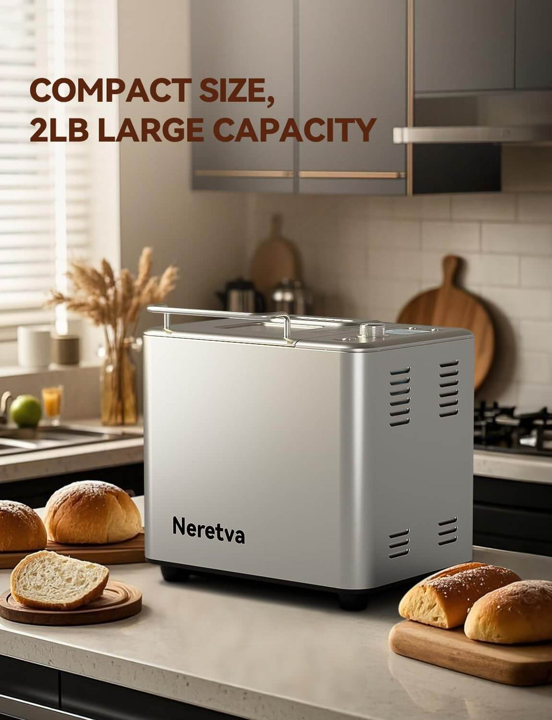 Neretva Bread Maker in kitchen, compact size, 2LB capacity, with freshly baked bread on table.