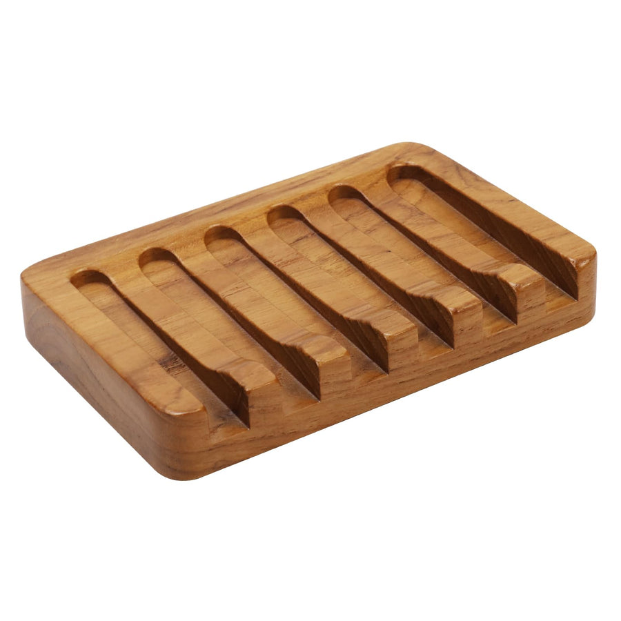 Soap Dish with Slanted Waterfall Design by HTB, Bar Soap Holder Teak Wood, Soap Saver for Shower, Bathroom, Sink, Kitchen and Countertop HTB