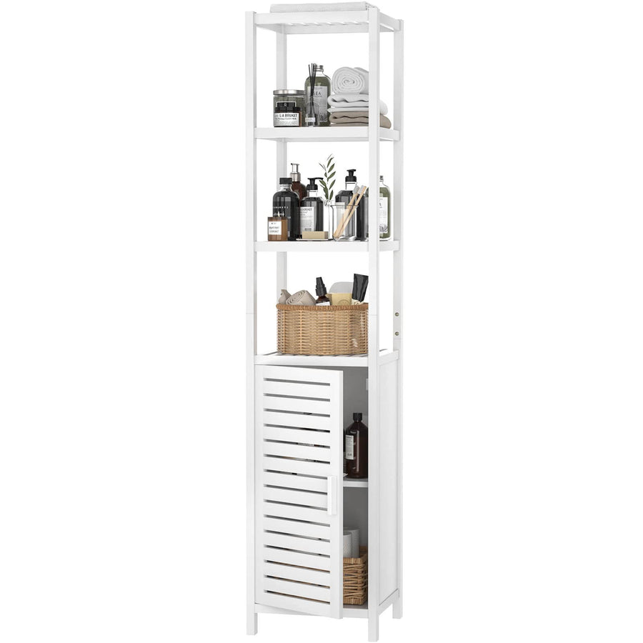 Homykic Bamboo Narrow Bathroom Storage Cabinet, 6-Tier 67 Inch Tall Floor Standing Slim Cabinet Organizer with Shutter Door and Open Shelves for Kitchen, Living Room, Corner, White Homykic