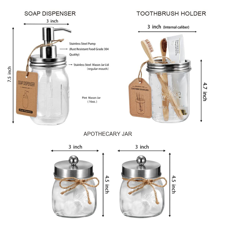 Amolliar Mason Jar Bathroom Accessories Set(4 Pcs) -Lotion Soap Dispenser & 2 Qtip Holder & Toothbrush Holder-Rustic Farmhouse Decor,Countertop Vanity Organize，Bathroom Home Decor (Brushed Nickel) Amolliar