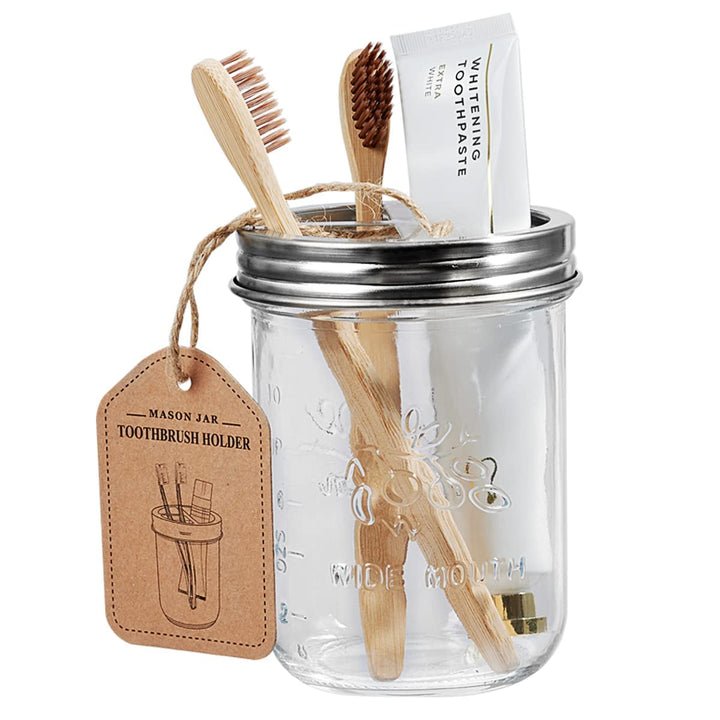 Amolliar Mason Jar Bathroom Accessories Set(4 Pcs) -Lotion Soap Dispenser & 2 Qtip Holder & Toothbrush Holder-Rustic Farmhouse Decor,Countertop Vanity Organize，Bathroom Home Decor (Brushed Nickel) Amolliar