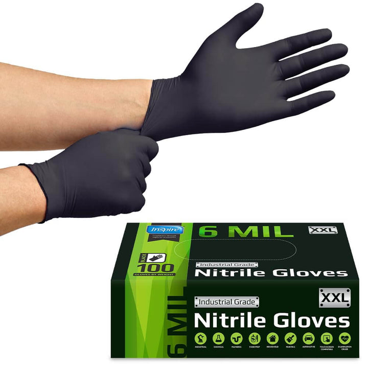 Inspire Black Nitrile Gloves HEAVY DUTY 6 Mil Nitrile Chemical Resistant Medical Cooking Cleaning Disposable Black Gloves (Black Nitrile Box Of 100, Large)