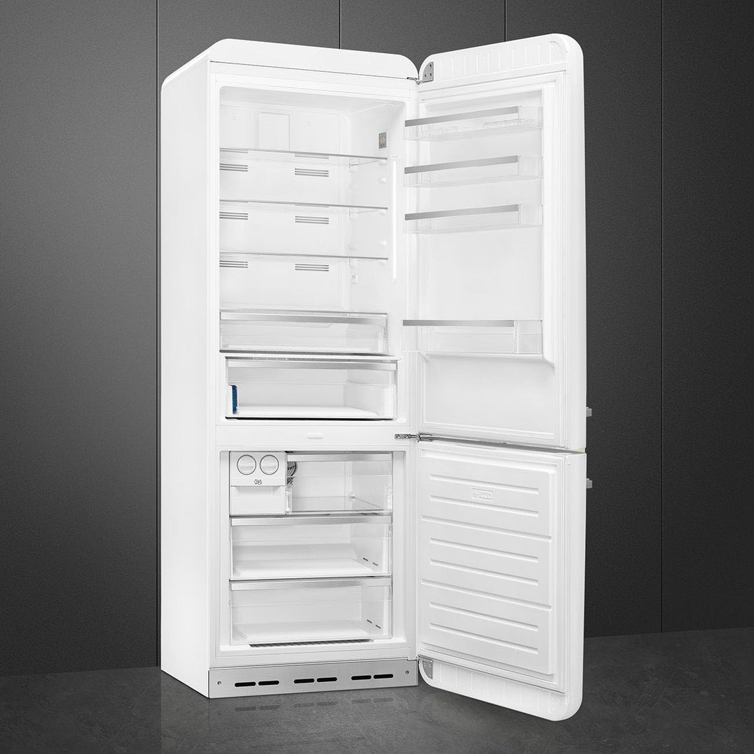 Smeg FAB28 50's Retro Style Aesthetic Top Freezer Refrigerator with 9.92 Cu Total Capacity, Multiflow Cooling System, Adjustable Glass Shelves 24-Inches, White Left Hand Hinge Made In Italy 