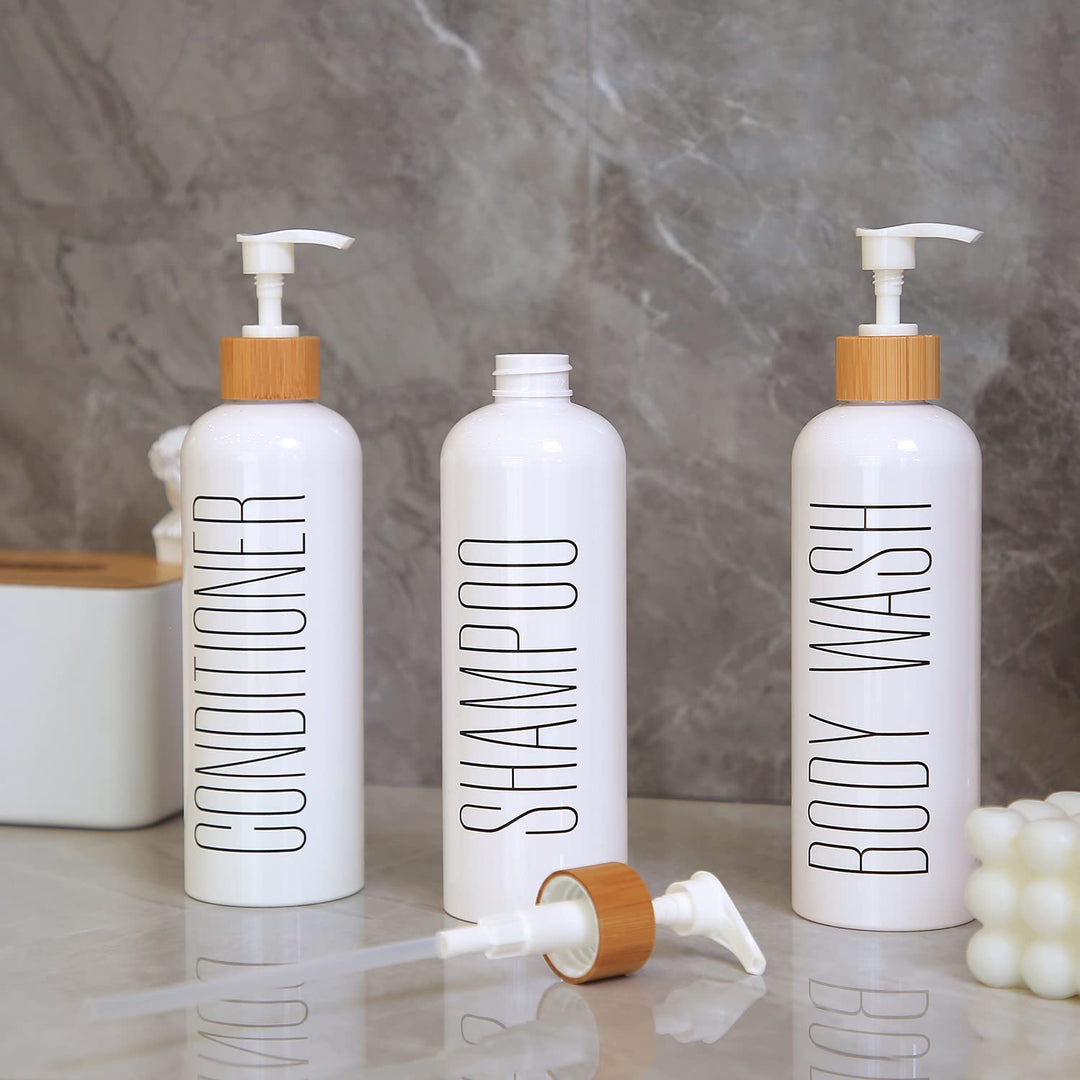 HOMCDALY Shampoo and Conditioner Dispenser, 16oz 3-Pack Refillable Shampoo and Conditioner Bottles, Empty Shampoo Bottles Refillable with Bamboo Pump, Bathroom Shower Shampoo Dispenser Set HOMCDALY