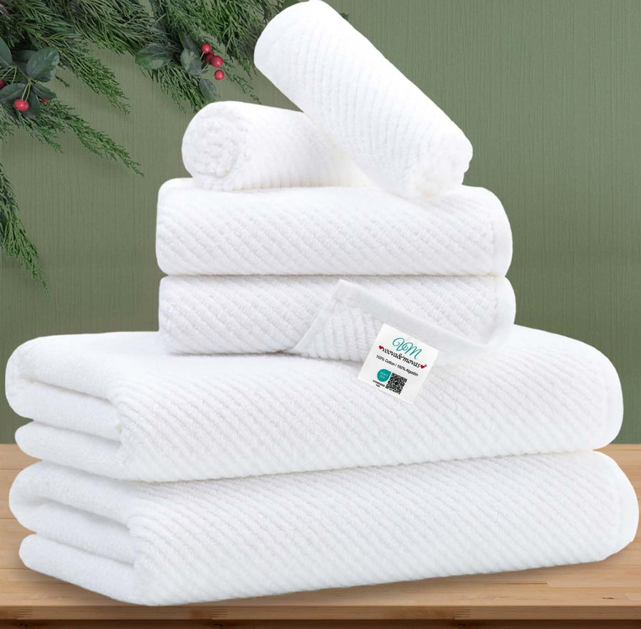 White Towels Bathroom Sets - 100% Cotton | Quick Dry | Lightweight | Thick, Hotel Quality 6PCS Towel Set, 2 Large Bath 30"x56", 2 Hand 18"x28", 2 Wash Cloths 13"x13", Luxury Towel Gift Set VOOVA & MOVAS