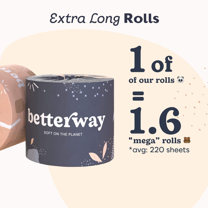 Betterway Bamboo Toilet Paper 3 Ply - Sustainable Toilet Tissue - 12 Double Rolls & 360 Sheets Per Roll - Septic Safe - Organic, Plastic Free - FSC Certified