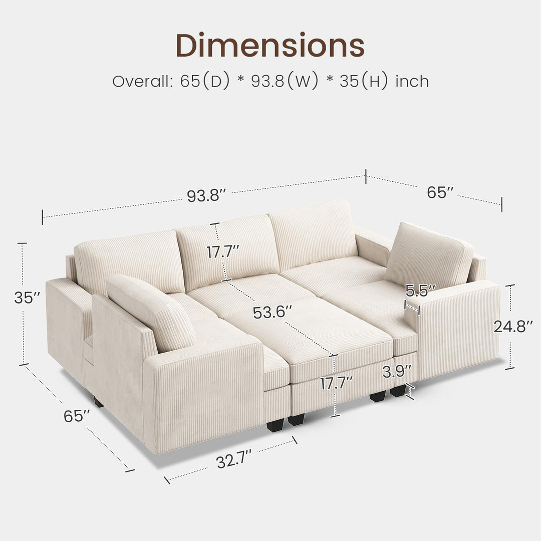 Nolany Modular Sectional Couch with Storage Ottoman, Corduroy Sleeper Sectional Sofa with Chaise, Sectional Couches for Living Room, Beige 