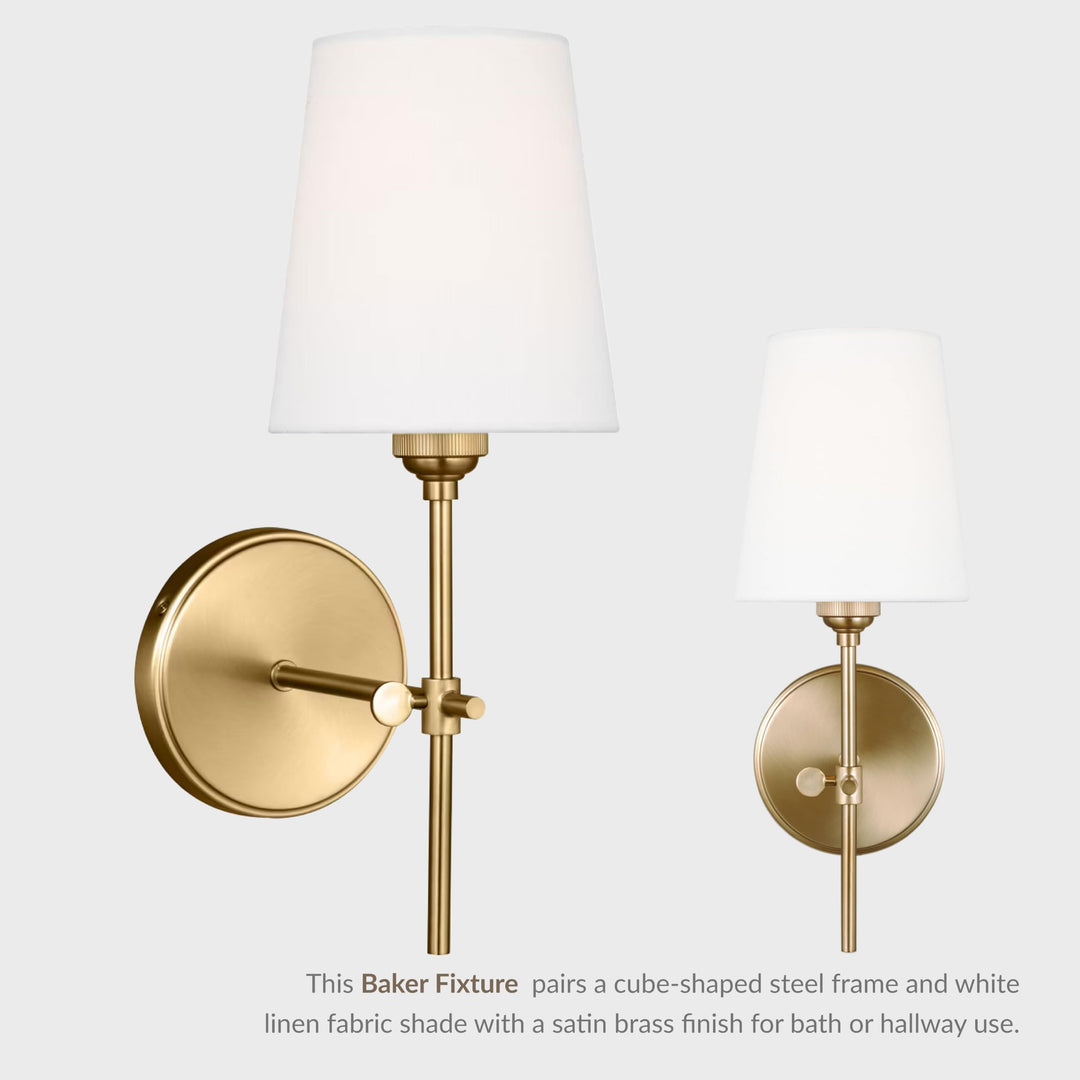 Front and side views of the satin brass Baker sconce with its white linen shade