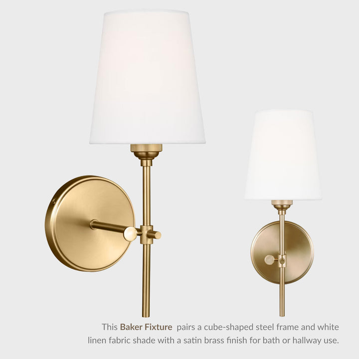 Front and side views of the satin brass Baker sconce with its white linen shade
