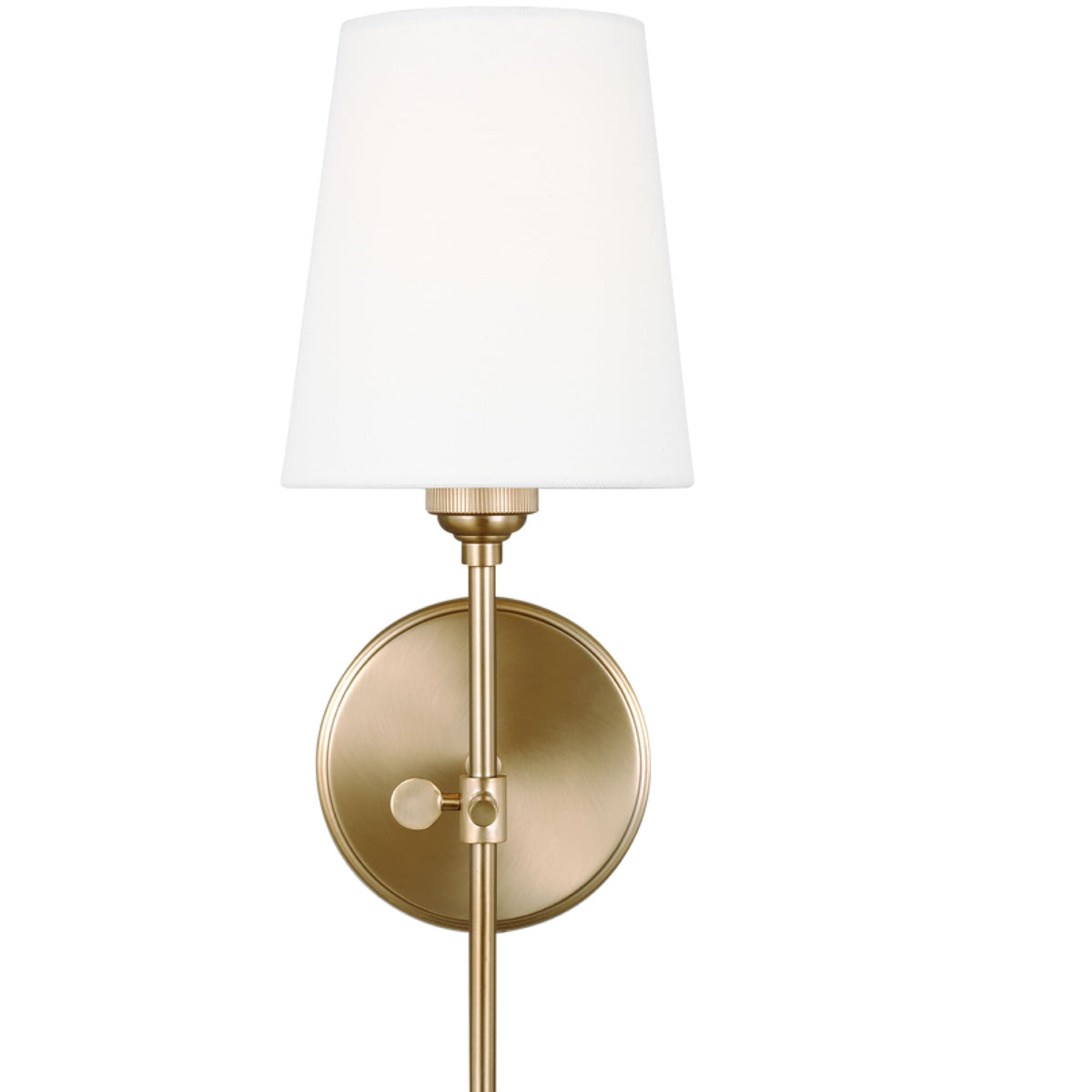 Baker wall sconce in satin brass with a white linen shade and round wall plate