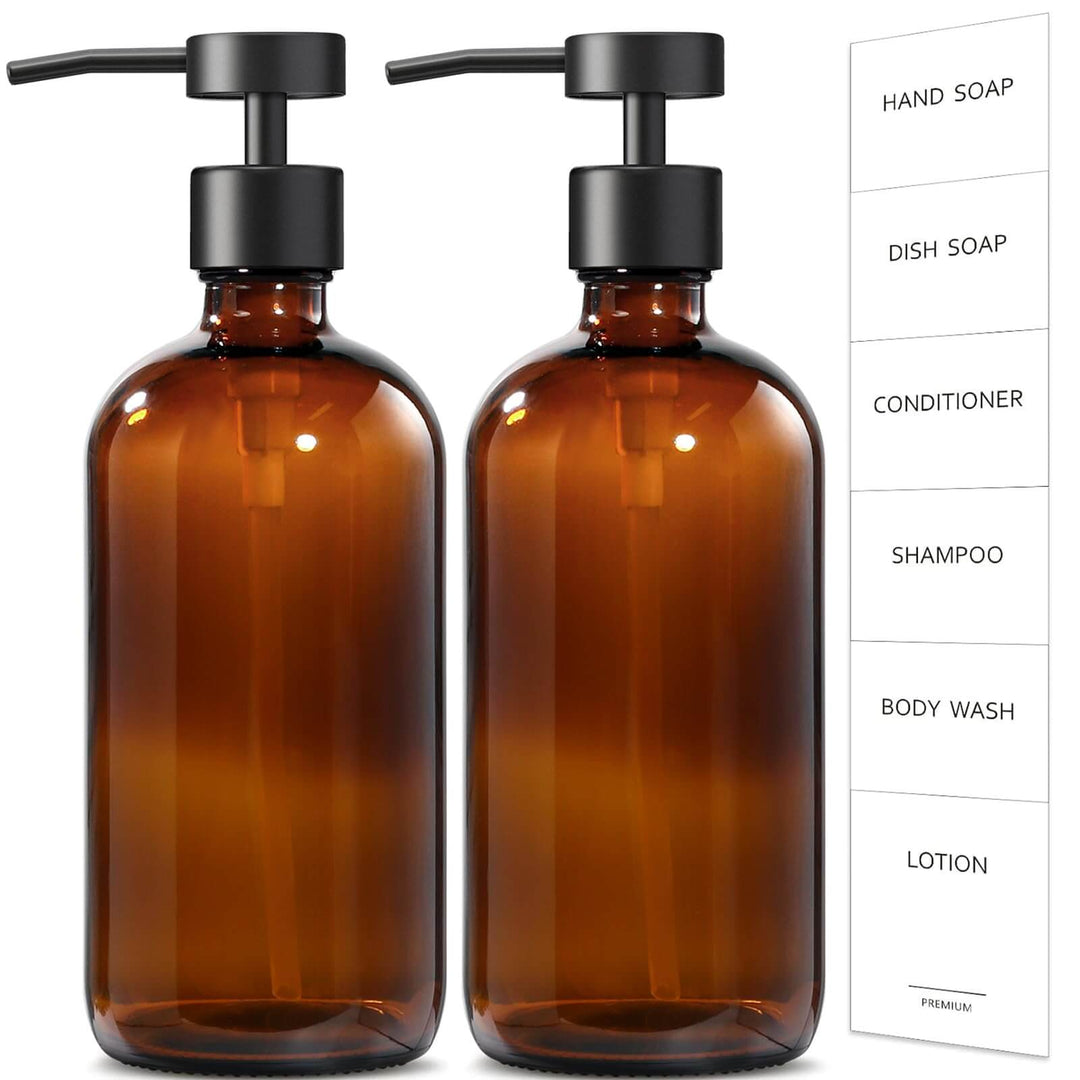 GMISUN Amber Glass Soap Dispenser, 2 Pack Bathroom Hand Soap Dispenser with Stainless Steel Flat Pump, 16Oz Kitchen Hand and Dish Soap Dispenser Set, Modern Vintage Liquid Brown Soap Dispensers Bottle GM GMISUN