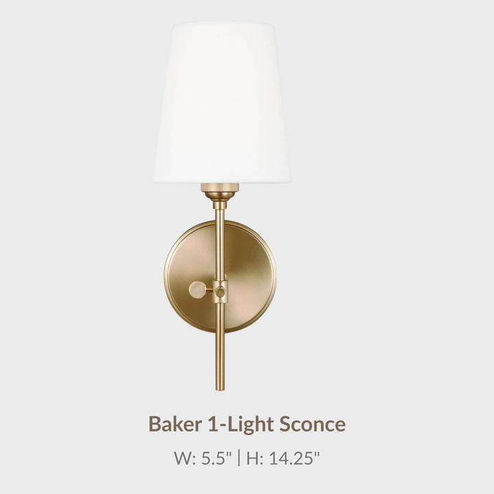Satin brass Baker sconce with its width and height dimensions marked