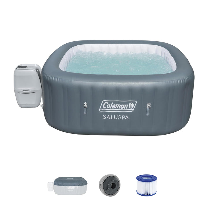 Coleman SaluSpa AirJet 4 to 6 Person Inflatable Hot Tub Square Portable Outdoor Spa with 114 Soothing AirJets and Insulated Cover, Gray Coleman