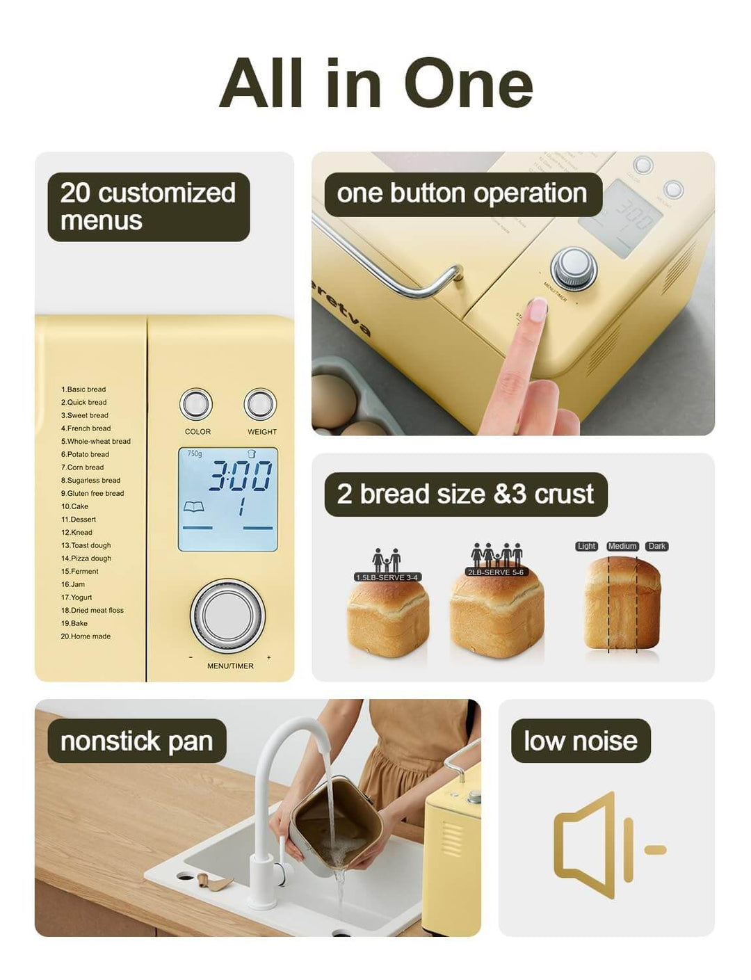 Neretva 20-in-1 Bread Maker features, including 20 menus, one button operation, nonstick pan, and low noise functionality.