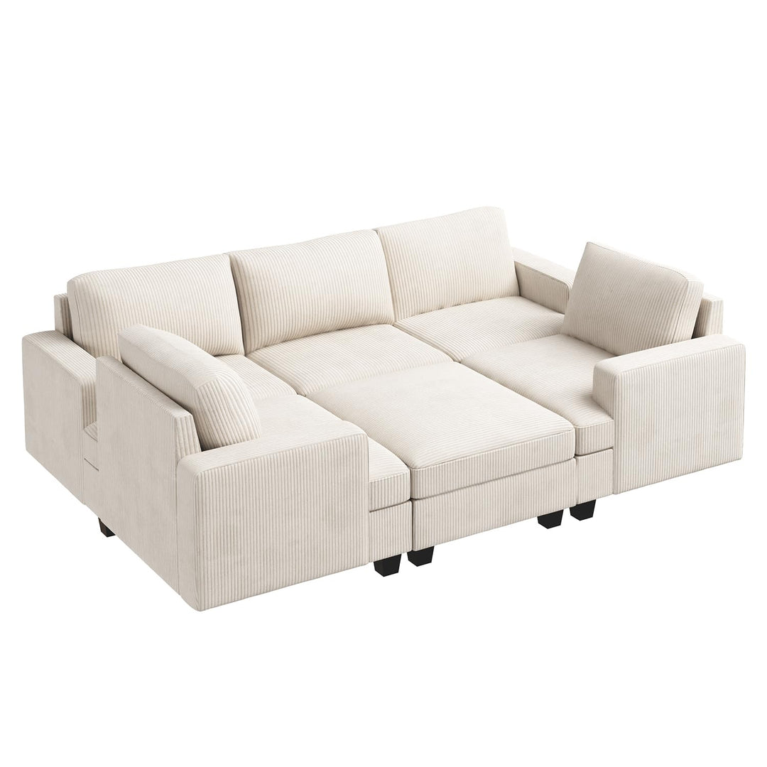 Nolany Modular Sectional Couch with Storage Ottoman, Corduroy Sleeper Sectional Sofa with Chaise, Sectional Couches for Living Room, Beige 