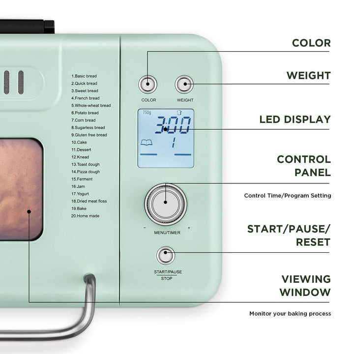 Close-up of Neretva 20-IN-1 Bread Maker's control panel with LED display and menu settings in light green.