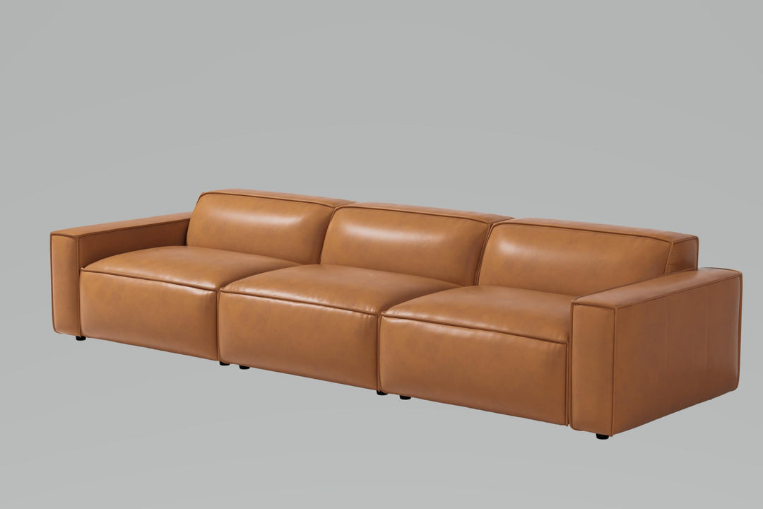 Valencia Nathan Napa Leather Couch - Three Seats Sofa - 100% Full Aniline Leather Modern Sofa for Lounge and Living Room Solid Wood Frame and High-Resilience Foam Couch (Caramel Brown) 