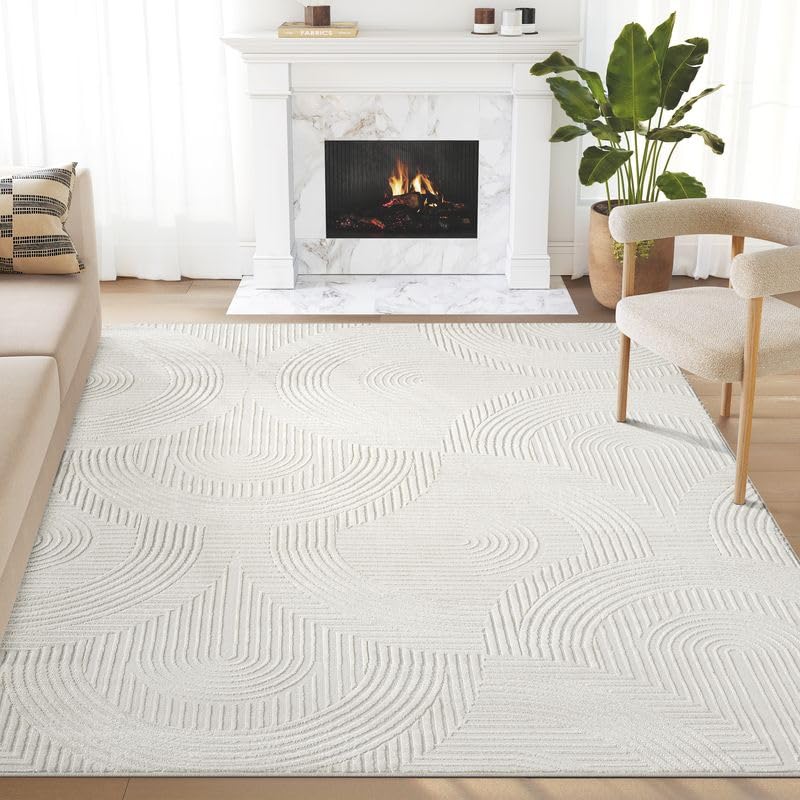 Abani Neutral Cream Area Rug 5' x 8' for Living Room, Bedroom - Zen Reiki Semi-Circle Pattern - Durable & Easy to Clean 