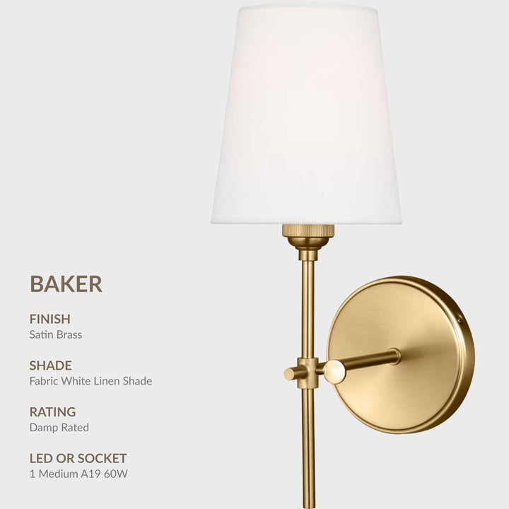 Satin brass Baker sconce with a spec panel listing its finish, white linen fabric shade and damp rating