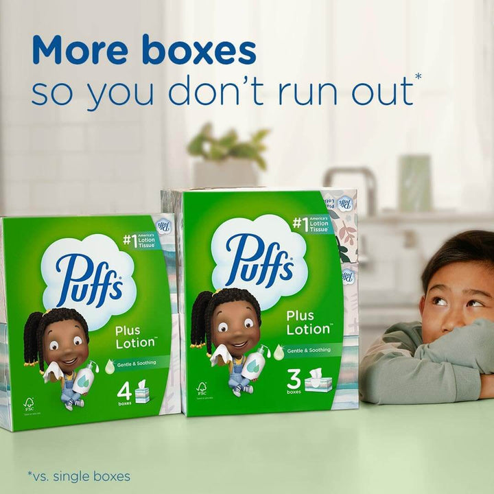 Puffs Plus Lotion Facial Tissues, 8 Family Boxes, 124 Facial Tissues per Box, Allergies and Colds