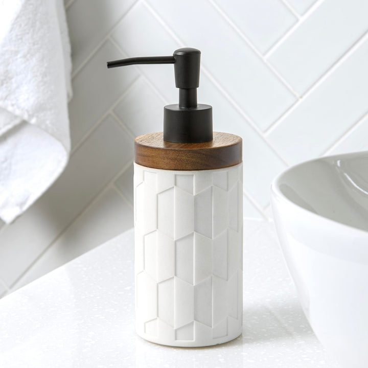 Sarasota Resin with Wood Accents 4-Piece Bathroom Accessory Set-Soap/Lotion Dispenser, Soap Dish, Toothbrush Holder, Tumbler Cup by Allure Home Creation, White Allure Home Creation