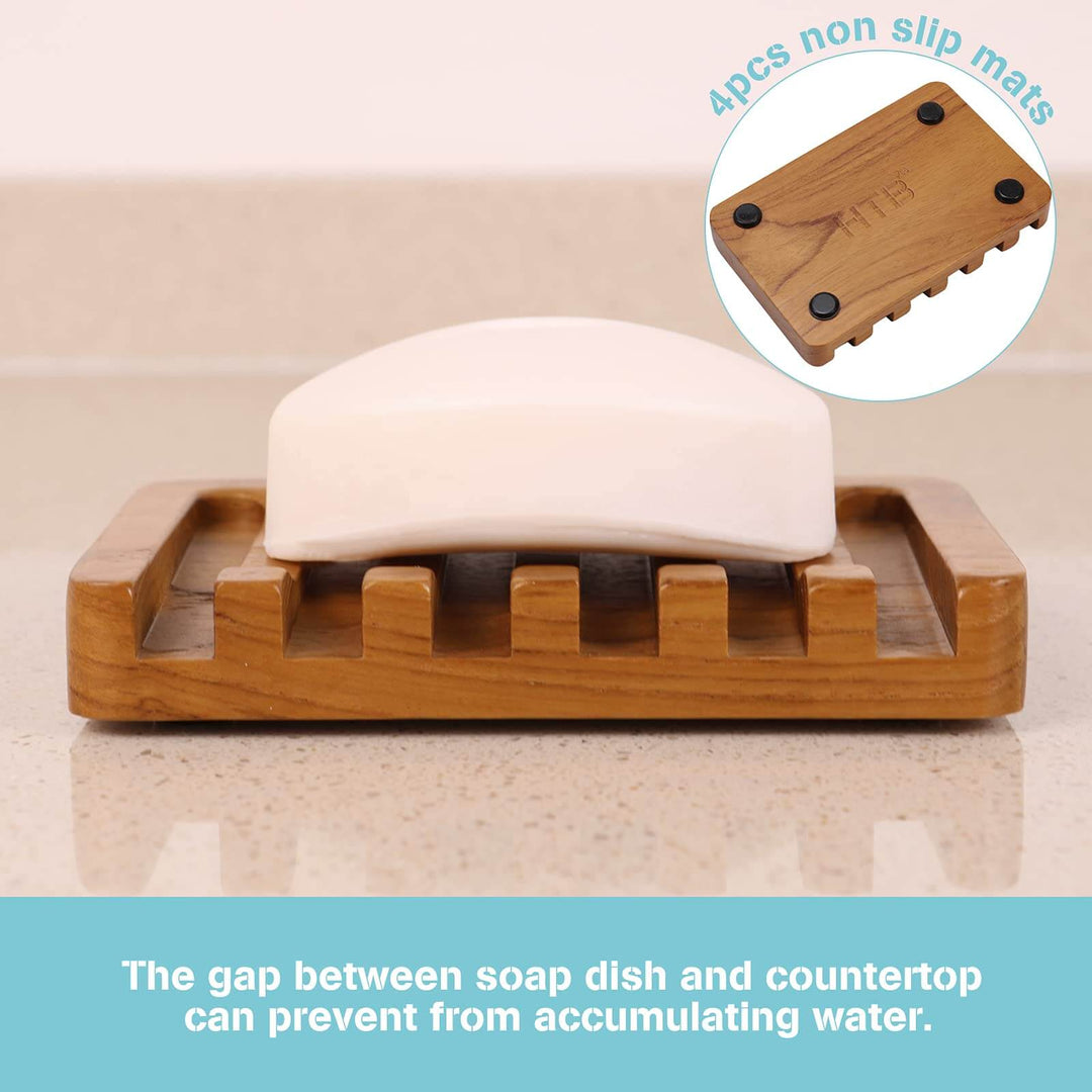 Soap Dish with Slanted Waterfall Design by HTB, Bar Soap Holder Teak Wood, Soap Saver for Shower, Bathroom, Sink, Kitchen and Countertop HTB