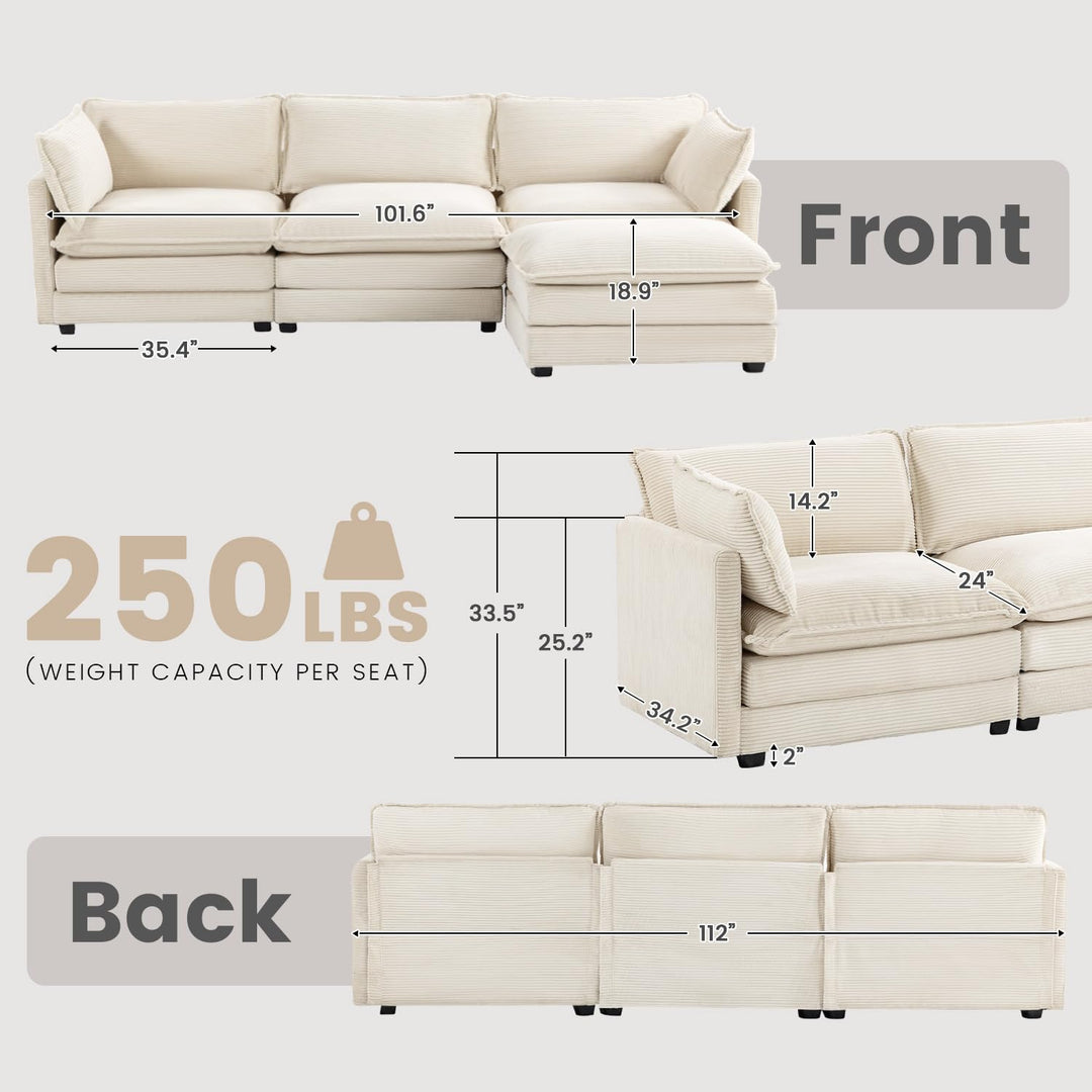 ROWHY Oversized Modular Sectional Sofa with Movable Ottoman, 112 Inch 4 Seat Modern Corduroy Sofa Set, Convertible L Shaped Couch for Living Room and Office, Beige 