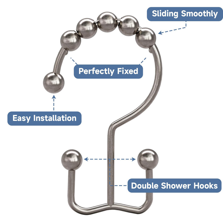 Titanker Shower Curtain Hooks Rings, Rust Resistant Metal Double Glide Shower Hooks Rings for Bathroom Shower Rods Curtains, Set of 12 Hooks - Nickel Titanker