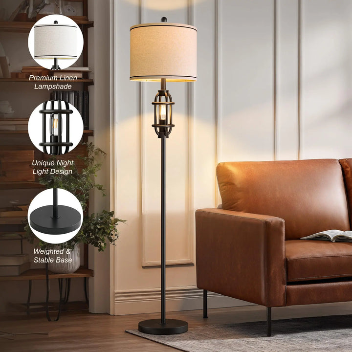 62.5 Inch Industrial Floor Lamp, Living Room Standing Tall Lamp, Black