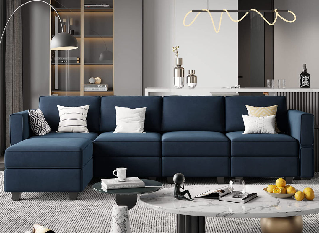 Belffin Modular Sectional Sofa Couch with Reversible Chaise Velvet L Shaped Storage 4-seat Convertible Blue… 