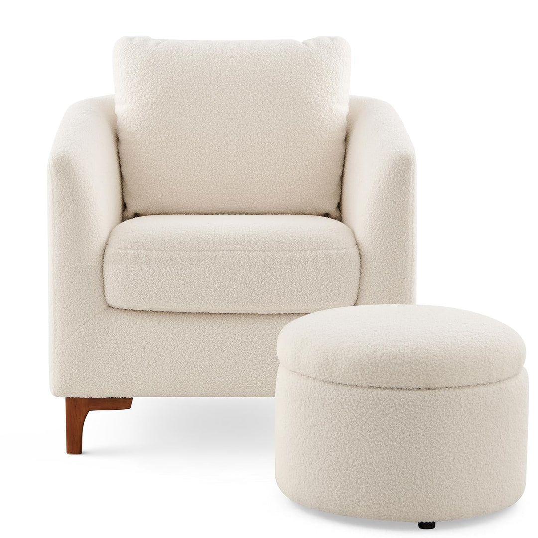 COLAMY Sherpa Accent Chair with Storage Ottoman Set, Upholstered Barrel Arm Chair with Footrest, Modern Living Room Chair with Back Pillow, Cream 