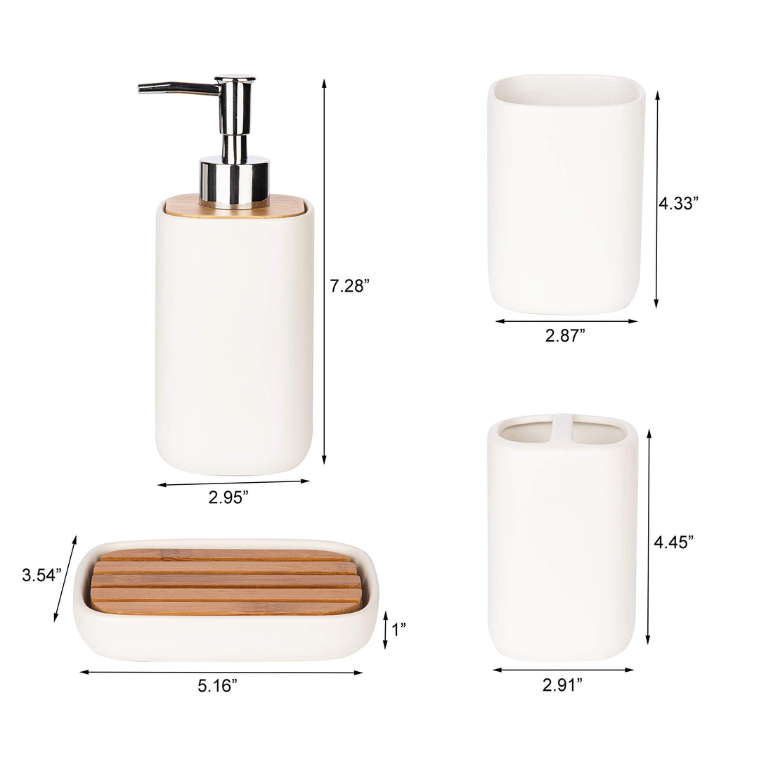 Wodlo - 4-Piece Ceramic with Bamboo Bathroom Accessories Set - Complete Bath Accessory Sets Includes Soap Dispenser, Toothbrush Holder, Tumbler, Soap Dish, (White) Wodlo