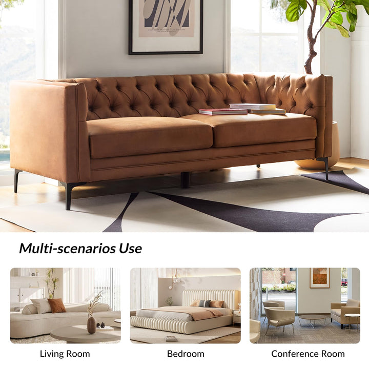 HULALA HOME 84" W Suede Faux Leather Sofa Couch with Metal Legs, Button-Tufted 3-Seater Sofa, Mid Century Modern Contemporary Upholstered Couch for Living Room, Entertainment Area, Apartment,Camel 