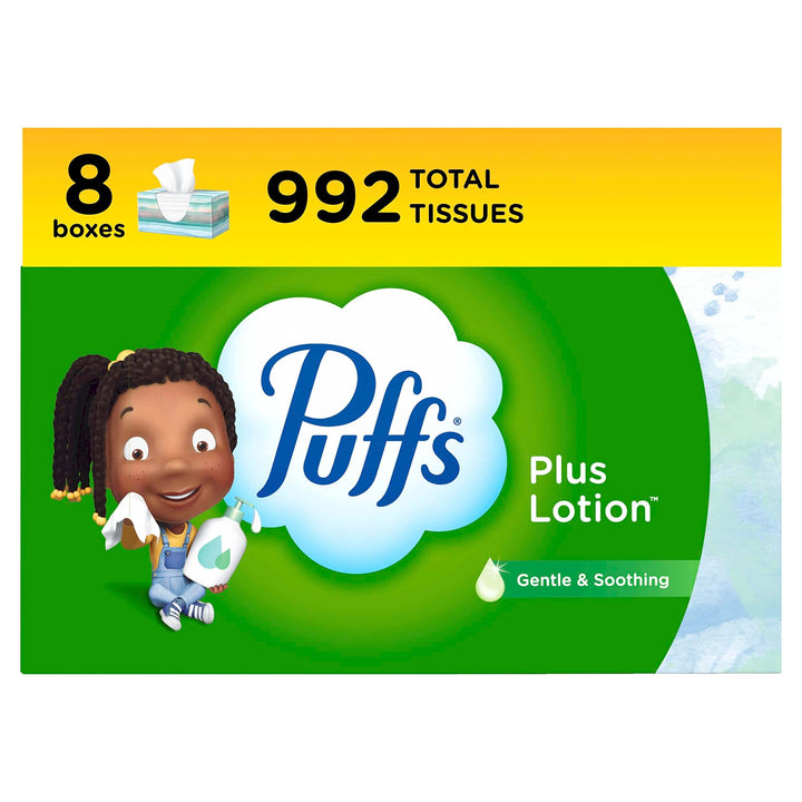 Puffs Plus Lotion Facial Tissues, 8 Family Boxes, 124 Facial Tissues per Box, Allergies and Colds