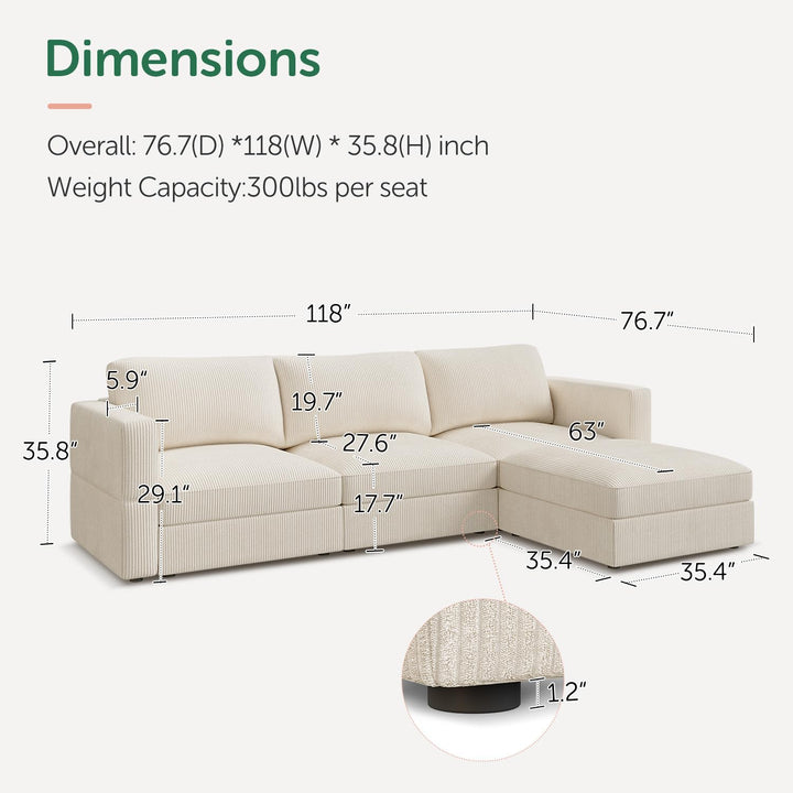 HONBAY Modular Sectional Couch with Storage Corduroy Sectional Sofa with Chaise L Shaped Sectional Couches for Living Room,Beige 