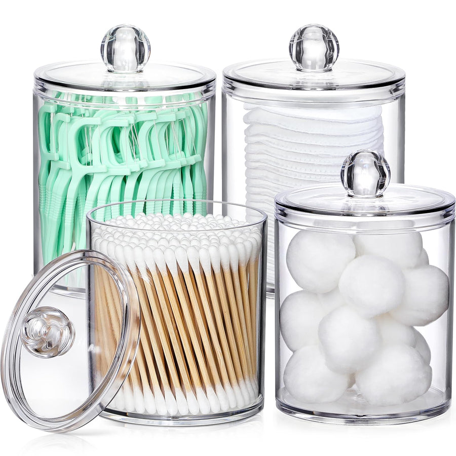 4 Pack Acrylic Qtip Holder Dispenser for Cotton Swabs, Balls, Pads, Floss Picks- Small Clear Plastic Canister Apothecary Jar Set, Bathroom Essentials Accessories Decor, Vanity Makeup Storage Organizer AOZITA