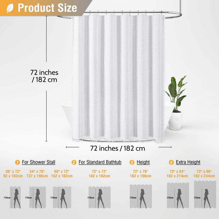 BTTN White Farmhouse Shower Curtain, Boho Linen Striped Heavy Duty Fabric Shower Curtain Set with Tassel, Bohemian Country Ultra Thick Shower Curtain for Bathroom, Wrinkle Free, Water Repellent, 72x72 