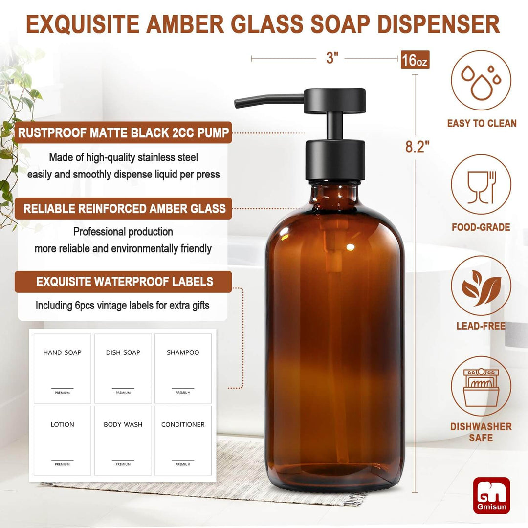 GMISUN Amber Glass Soap Dispenser, 2 Pack Bathroom Hand Soap Dispenser with Stainless Steel Flat Pump, 16Oz Kitchen Hand and Dish Soap Dispenser Set, Modern Vintage Liquid Brown Soap Dispensers Bottle GM GMISUN